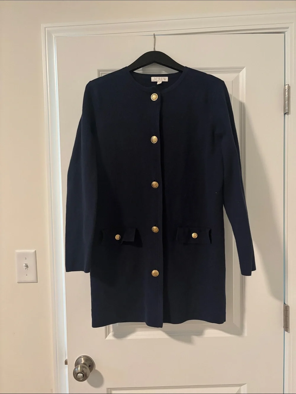 J. Crew Navy Knit Long Cardigan Dress with Gold Buttons